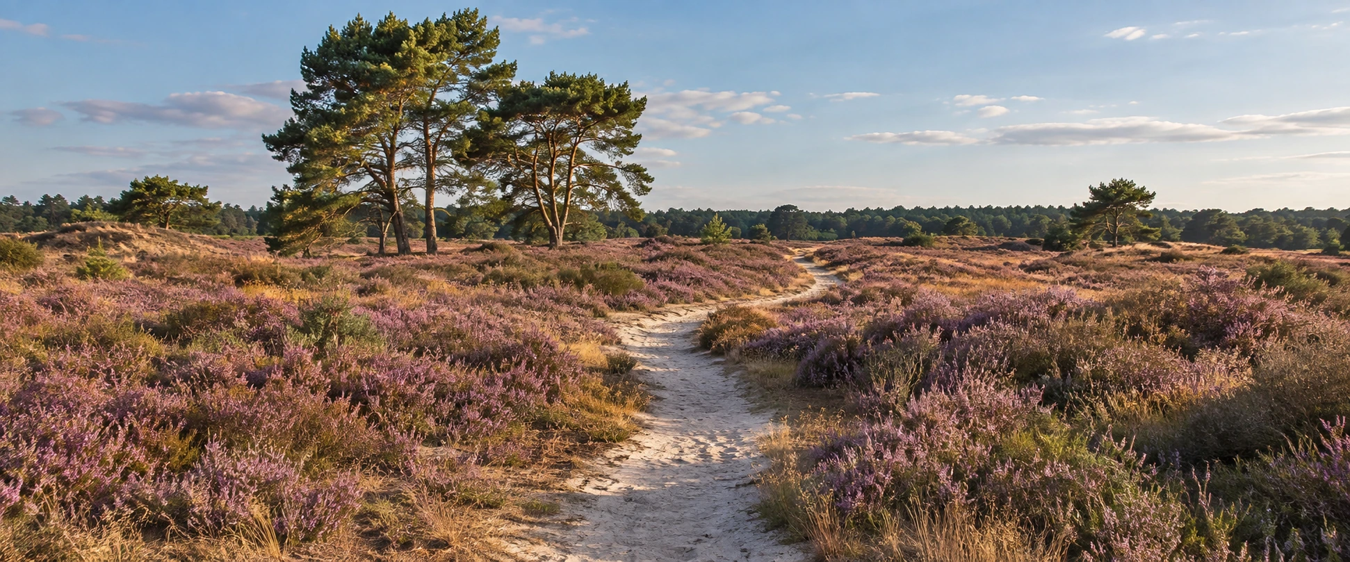 Bloeiende paarse heide met een slingerend zandpad en dennen in warm middaglicht